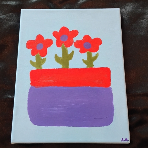 Hand Crafted Other - flower painting on canvas red purple blue